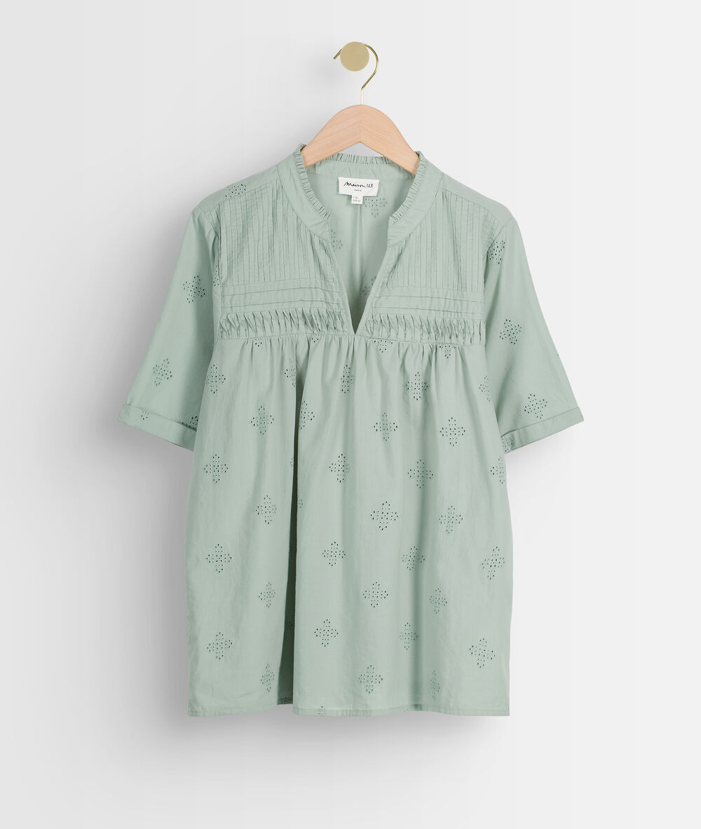 Blouse en coton biologique brodée col v tobias menthe.