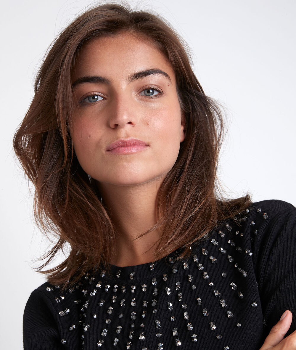 Pull col rond avec strass rick noir.