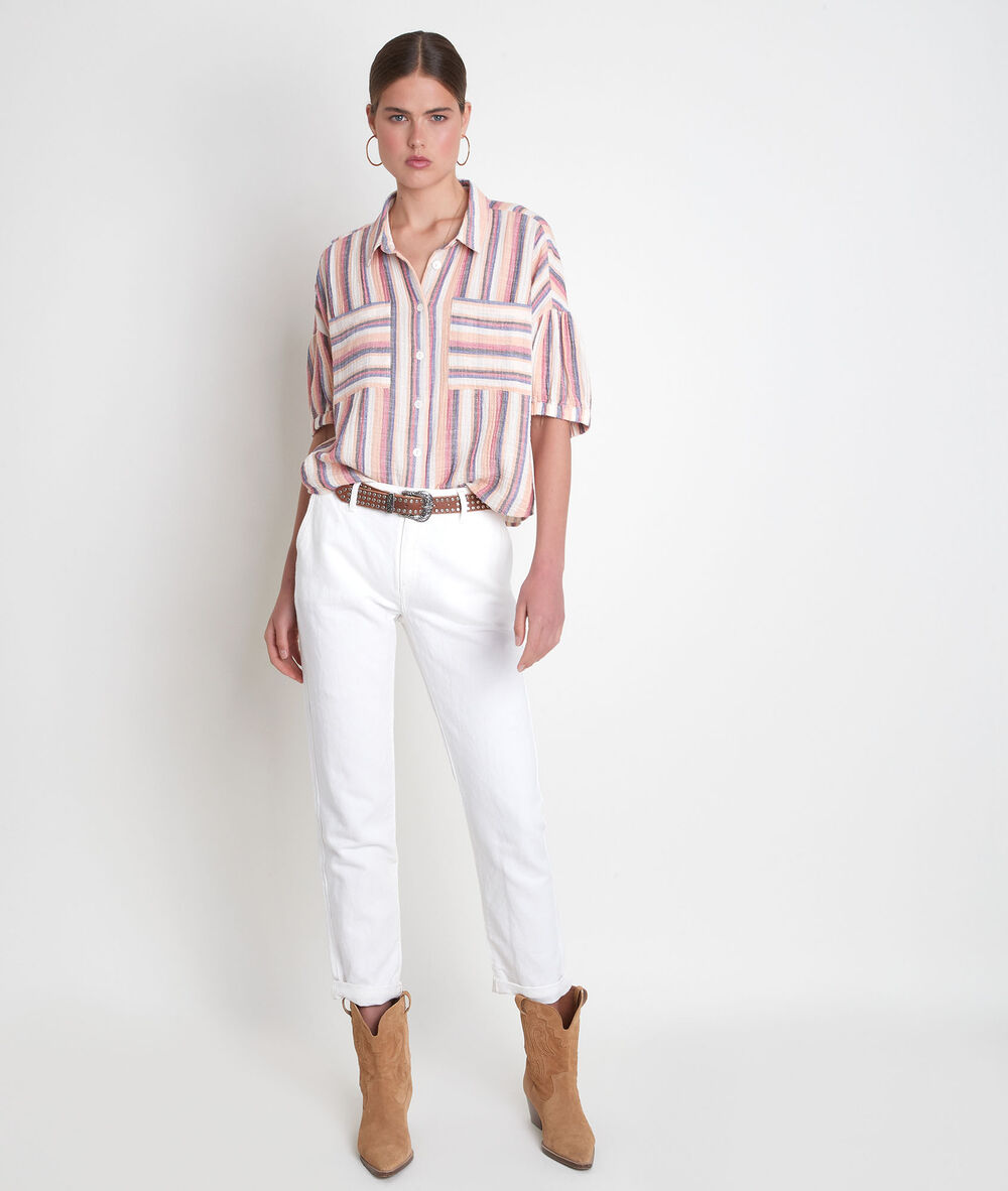 Chemise à manches courtes rayée pastel arielle ecru.