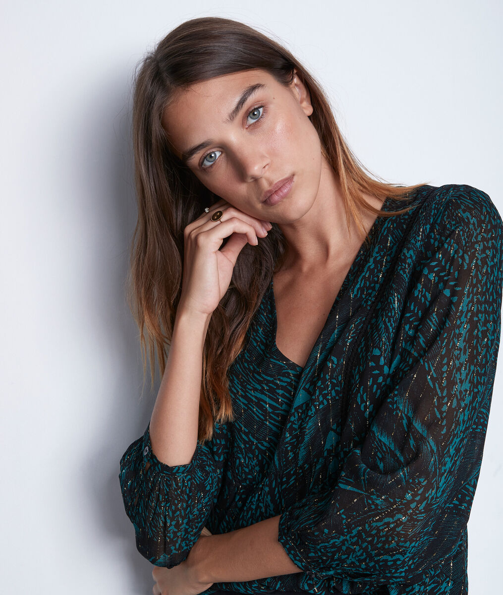 Blouse fluide imprimée noire et vert Abigaelle | 1-2-3 Blouse fluide imprimée noire et vert Abigaelle PhotoZ | 1-2-3