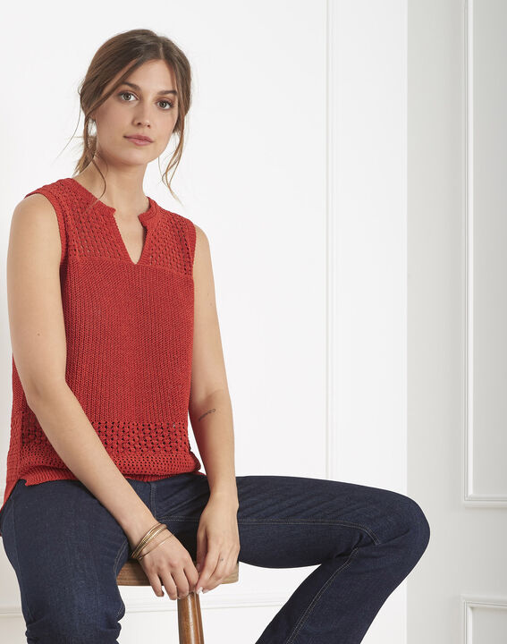 Pull rouge maille ajouré esprit crochet Albi | 1-2-3 Pull rouge maille ajouré esprit crochet Albi PhotoZ | 1-2-3