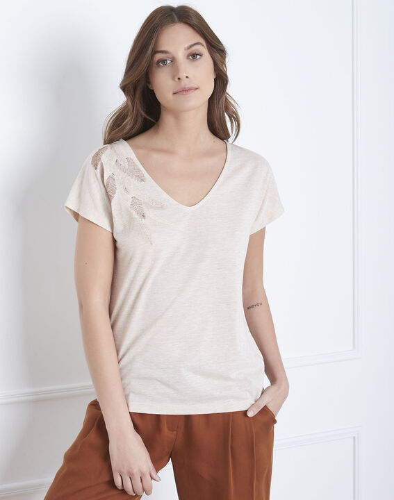 Tee-shirt beige broderie plume Pandore | 1-2-3 Tee-shirt beige broderie plume Pandore PhotoZ | 1-2-3