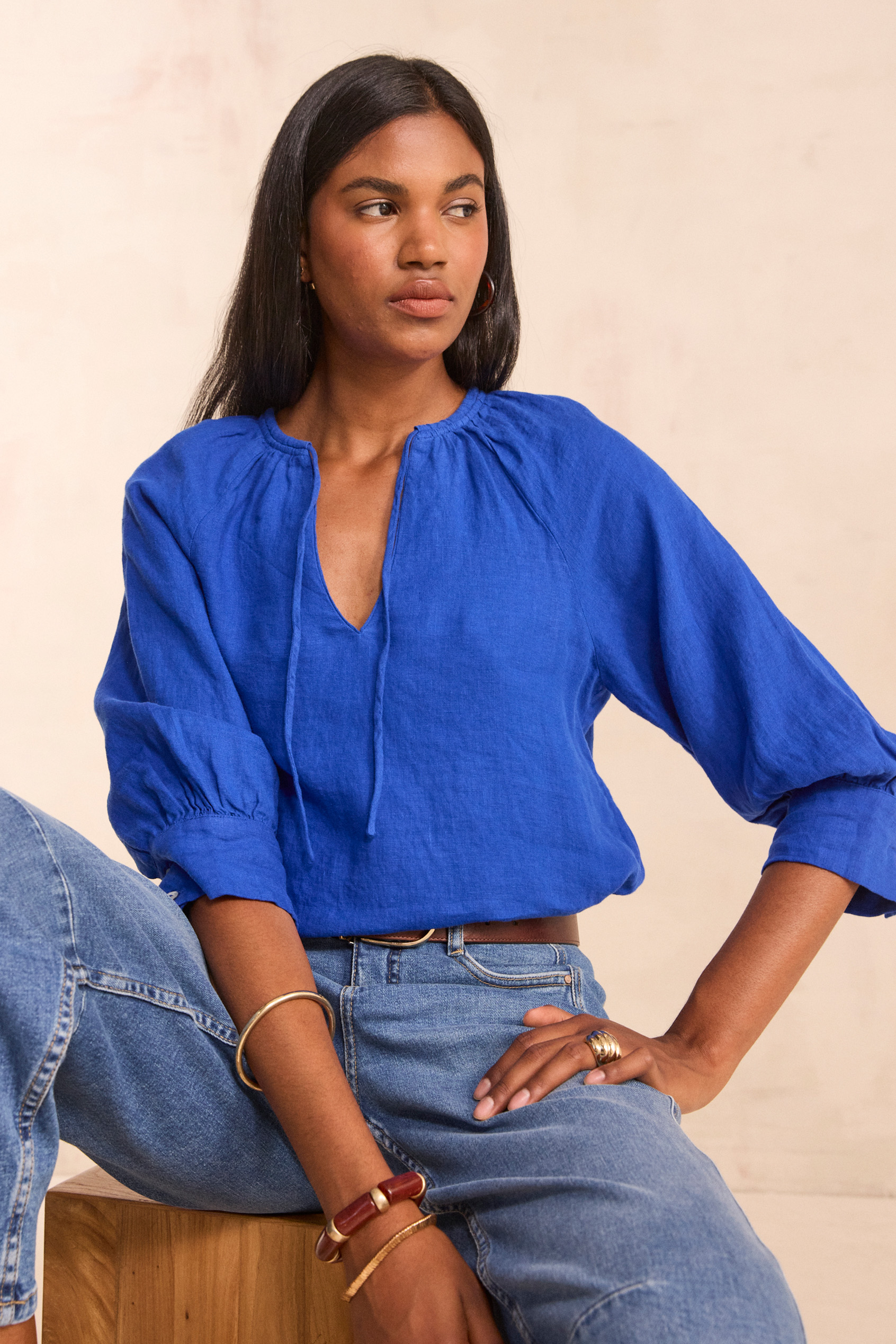 Blouse à manches 3/4 en lin DAMIA Femme | BLEU ROI | Maison 123