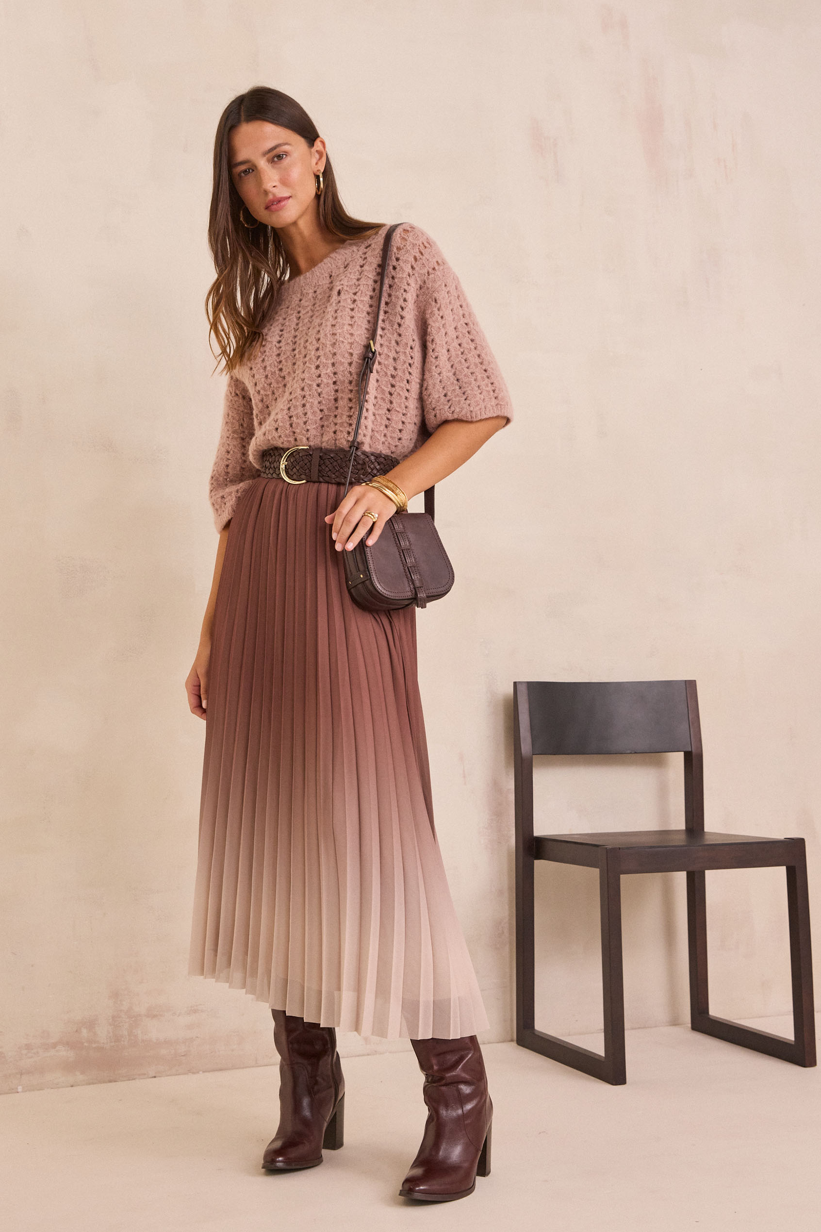 Jupe Asymétrique ONE STEP En Coton & Ramie Marron/prune/rose - Taille 42, Occasion Très Bon état