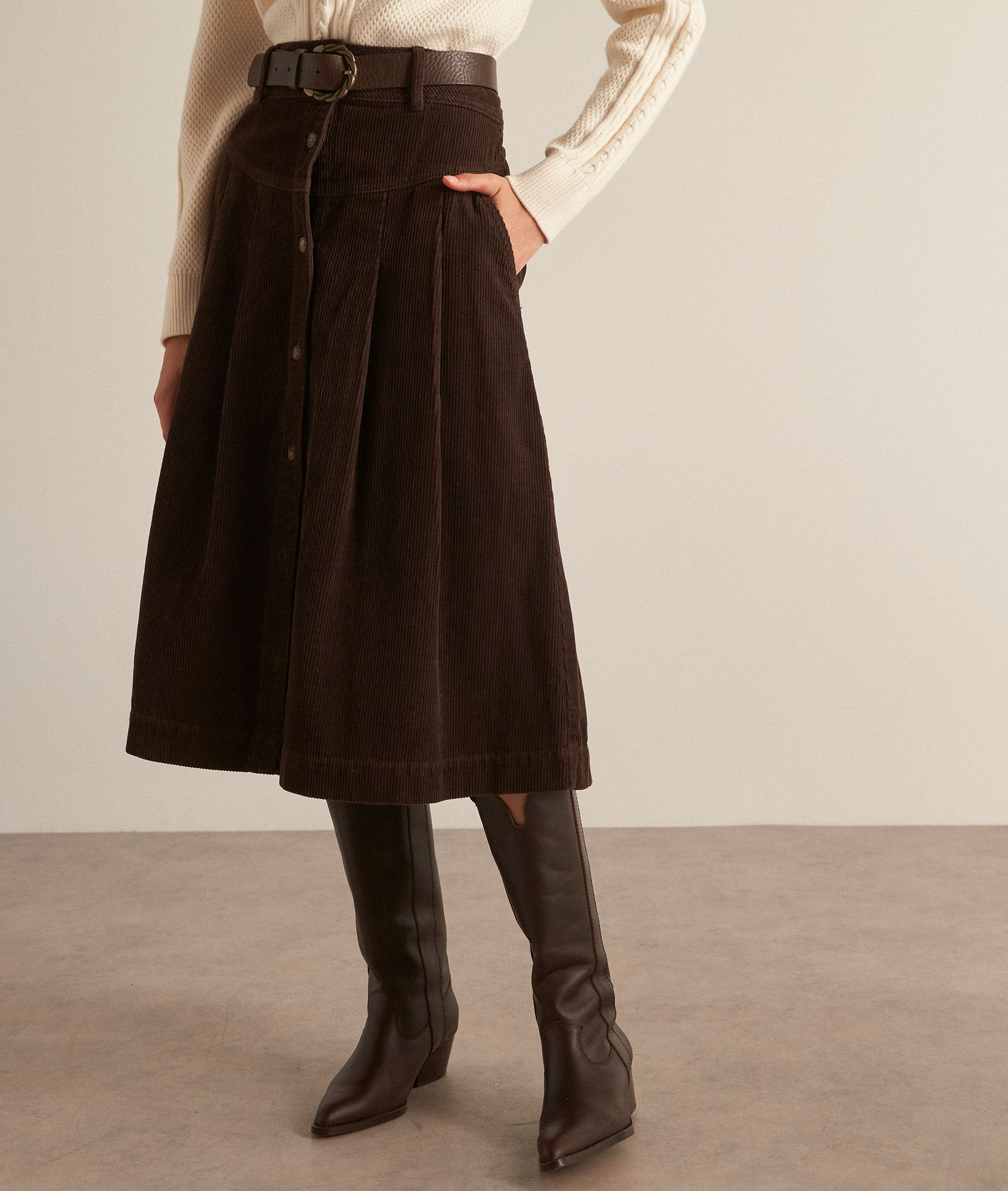 Jupe midi en velours côtelé marron Katia Femme Maison 123