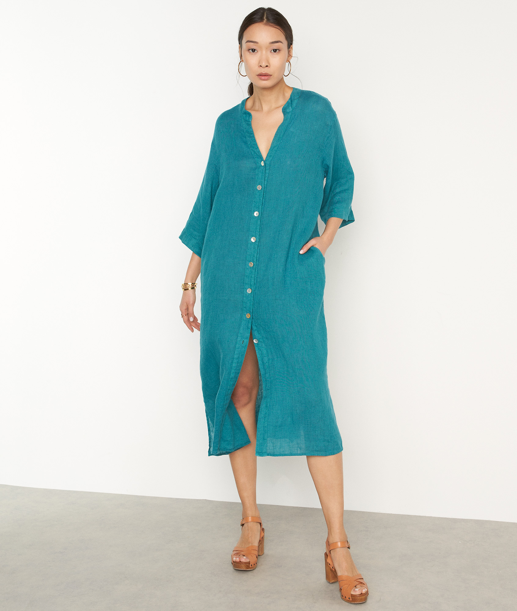 Robe longue boutonnée en lin turquoise Hajar Femme Maison 123