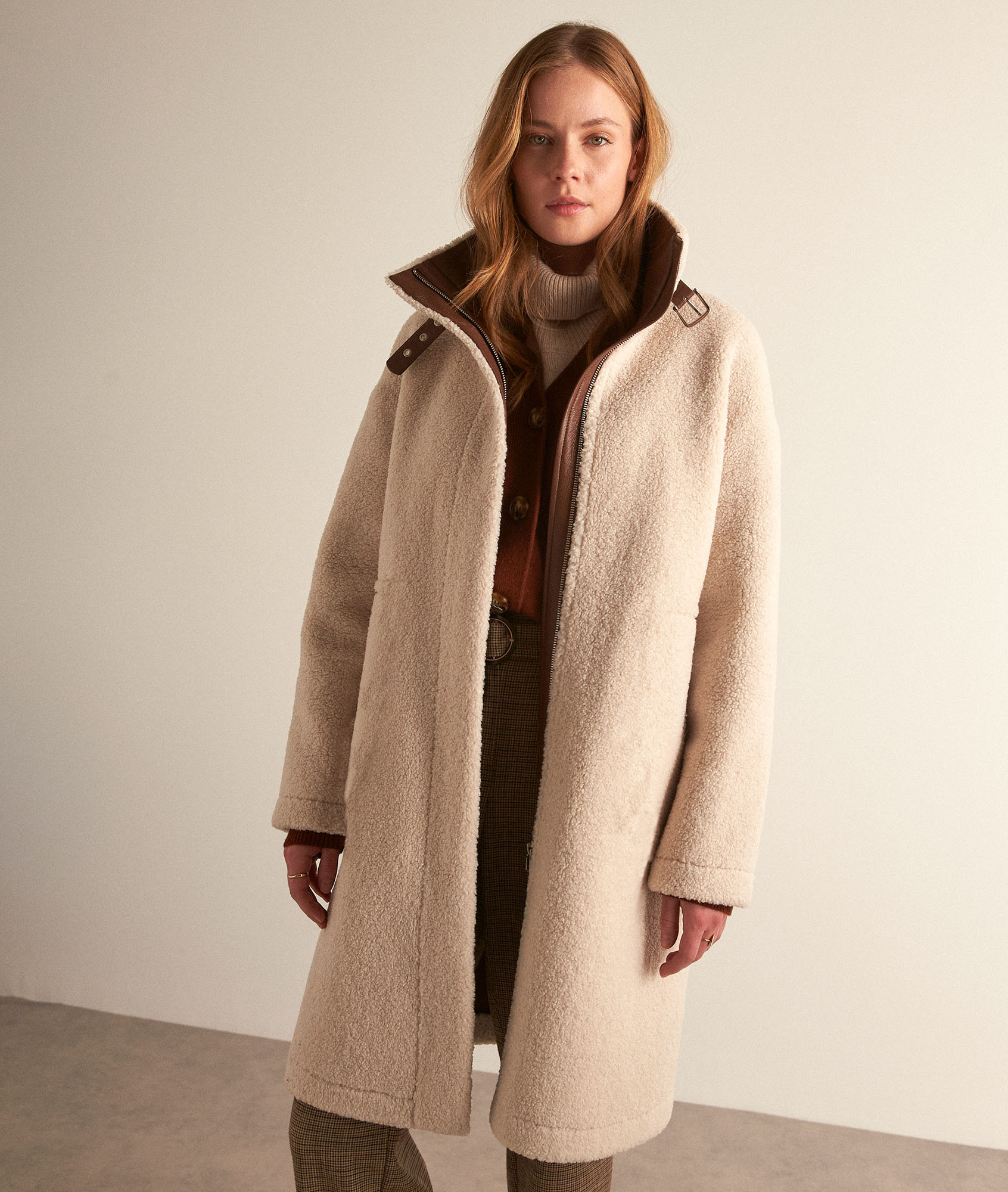 Manteau Peau De Mouton Retournée Femme Manteau long effet peau retournée écru Marie Femme | Maison 123